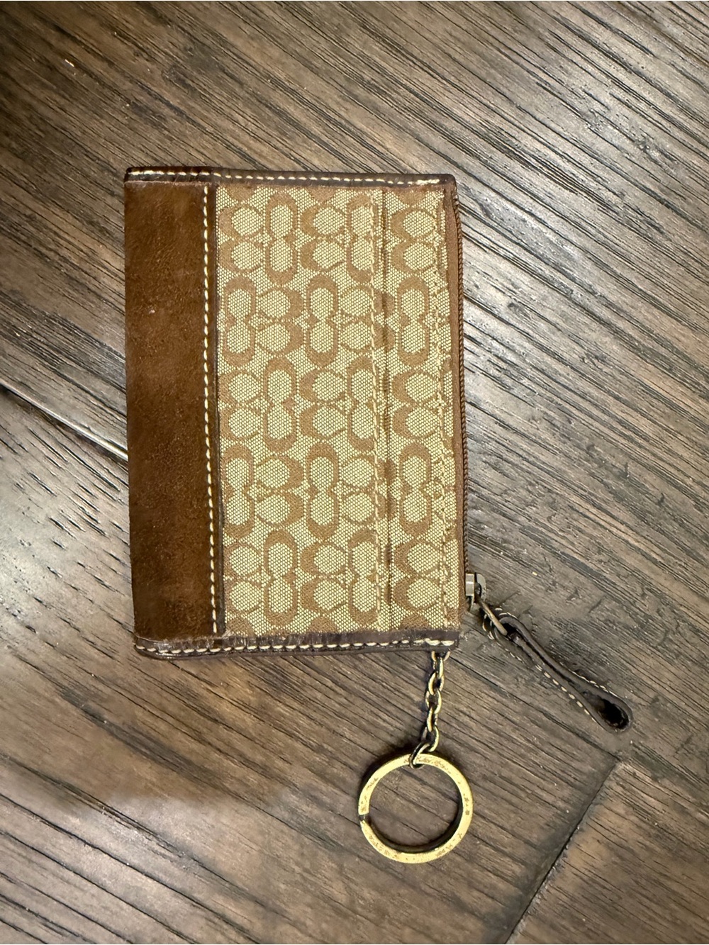 Men's Tan Logo-Pattern Zip Card Holder with Key Ring